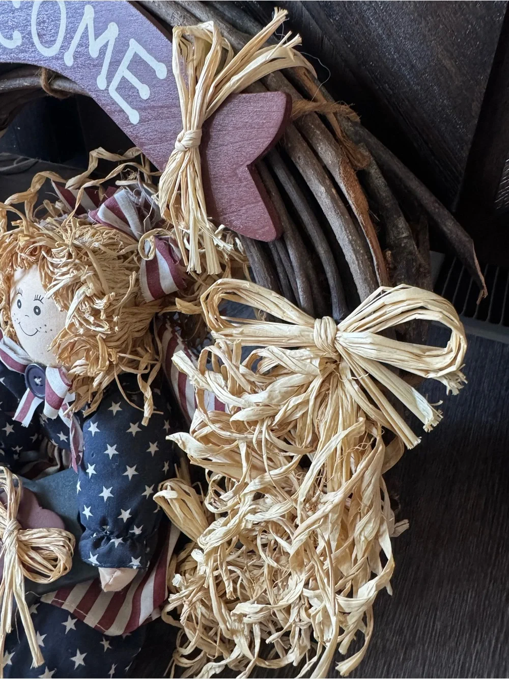 Vintage Folk Art American Doll Door Wreath Stars & Stripes Home Decor Classic